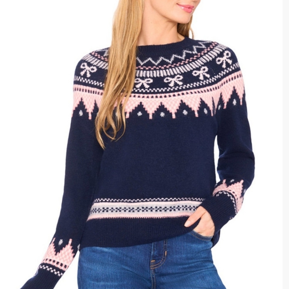 CECE Navy and Pink Fair Isle Crewneck Sweater Size Medium